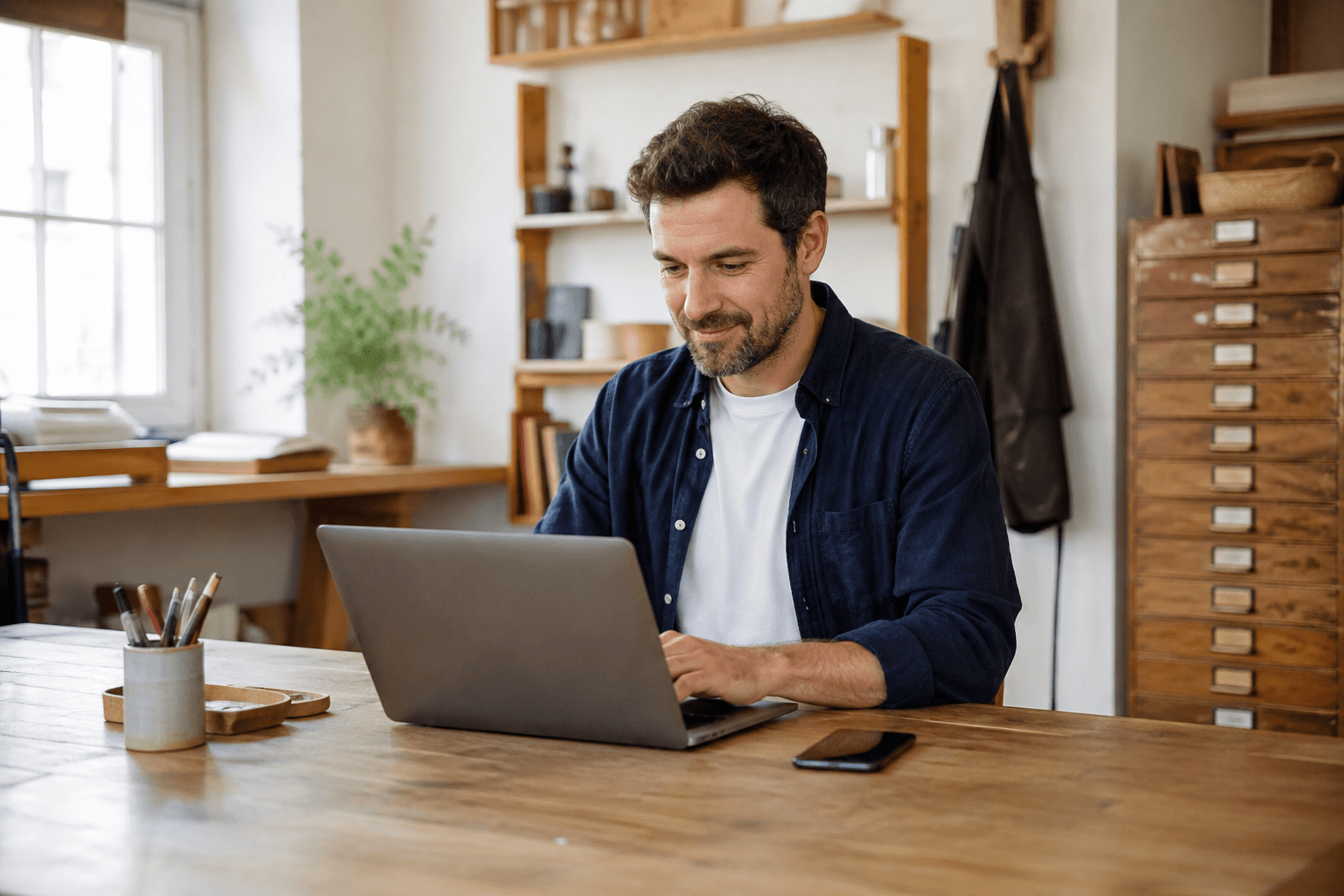 Inhaber eines kleinen Unternehmens arbeitet am Laptop, das Smartphone liegt griffbereit auf dem Tisch.